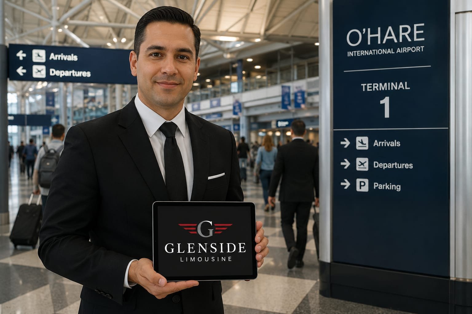 Chauffeur greeting passenger at airport baggage claim